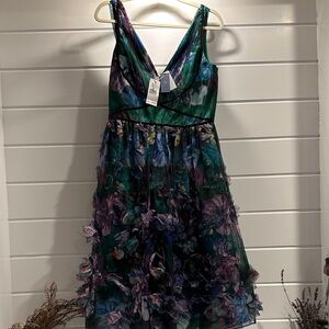 Marchesa notte Dress in Purple and Green Floral 3D floral appliqué